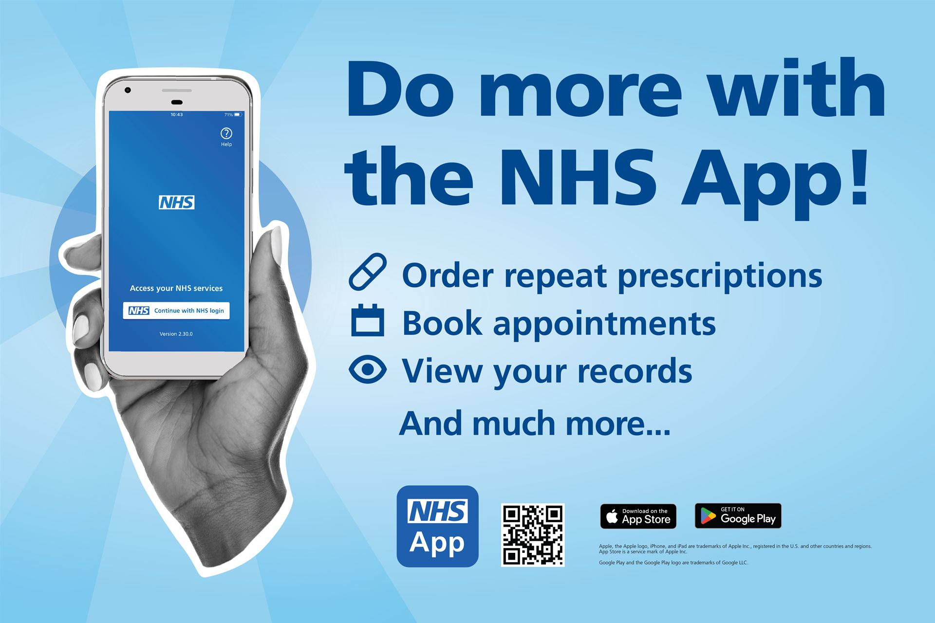 Do more with the NHS App. Order repeat prescriptions, book appointments, view your records and much more.. 